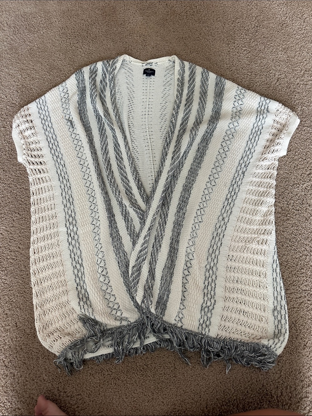 American Eagle Outfitters Cream and Gray Open-Knit Fringe Poncho
